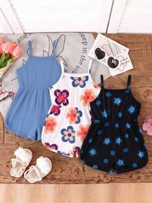 3pcs/Pack Baby Girls' Summer Cute Hibiscus Floral Strap Rompers,Soft Round Neck Casual Tropical Versatile Multicolor Vacation Beach Holiday Outfits - Multicolor - View 2