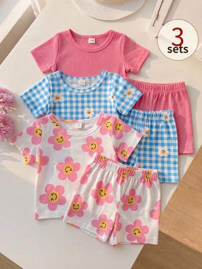 SHEIN Playful Pals 6pcs/Set Baby Girls' Casual Cute & Comfortable Ice Cream Graphic & Slogan Print Short Sleeve Top And Shorts Set, Suitable For Spring/Summer Outings And Daily Wear