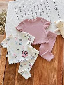 SHEIN LMoss Kids Dozemod 儿童新生女宝宝夏季休闲碎花荷叶边圆领短袖上衣和裤子四件套针织睡衣套装 - 彩色 - 查看 2