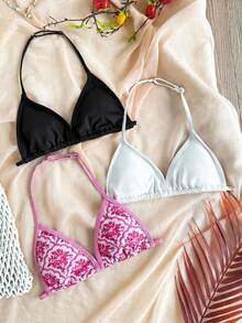 SHEIN 少女休闲度假碎花纯白色和黑色比基尼三件套 - 彩色 - 查看 3