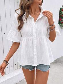 SHEIN Holidaya Cotton Embroidered Shirt, Open Front Shirt, Cotton Embroidered Placket Shirt, Casual Shirt - White - View 4