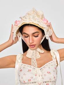 ROMWE Fairycore Women's Lace Straw Hat, Vintage Bohemian Style, Suitable For Beach, Photography, Sun Protection - Beige - View 1
