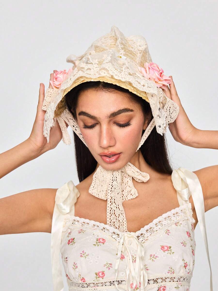ROMWE Fairycore Women's Lace Straw Hat, Vintage Bohemian Style, Suitable For Beach, Photography, Sun Protection - Beige - View 1