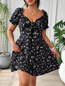 SHEIN EZwear 大码夏季休闲碎花露肩荷叶边连衣裙 - 彩色 - 查看 5