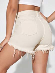 SHEIN Essnce Quần short denim rách gối có túi dành cho nữ. - Màu Khaki - Xem 3