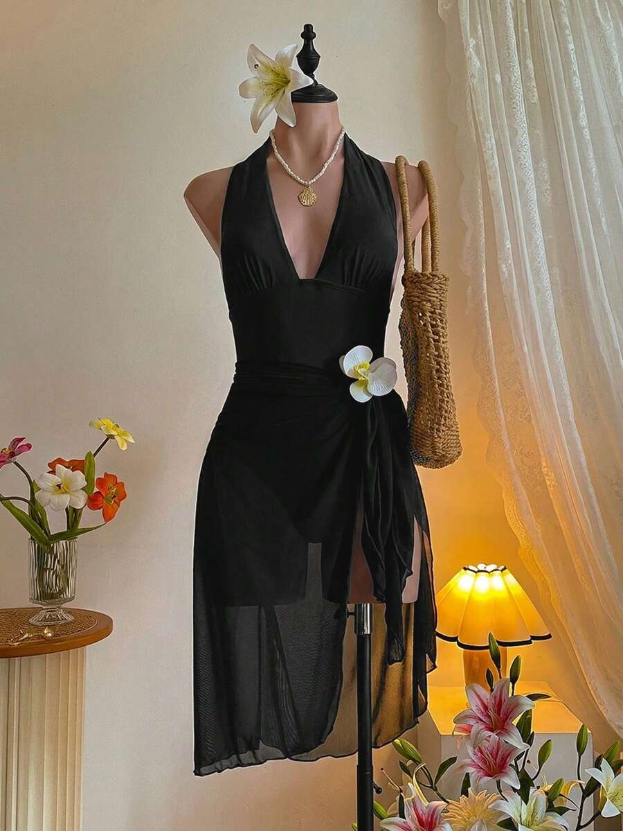 SHEIN MOD 露背褶皱连体裤,系带蝴蝶结装饰,搭配长裙两件套 - 黑色 - 查看 1