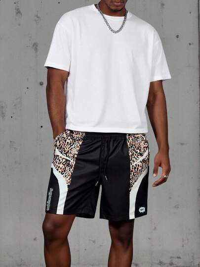Men's Summer Casual Fashionable Street Leopard Print Patchwork Drawstring Waist Loose Shorts
