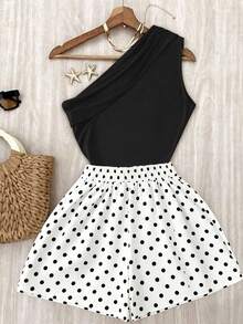 Roelina Casual Commuting High Elasticity Solid Brown Pleated Shoulder Top And White Elastic Waist Pants Set - Black and White - View 2