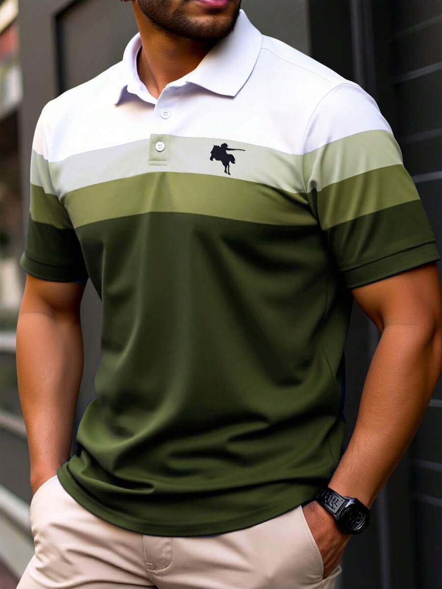 Manfinity Homme 加大码男士条纹短袖休闲Polo衫 - 軍綠色 - 查看 1