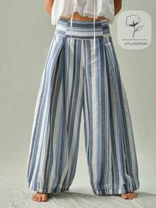 SoleilVie Pantalones de pierna ancha de algodón y lino con pliegues, cintura alta, estilo bohemio a rayas verticales azules y blancas, diseño de cintura elástica, sueltos y estilizadores, adecuados para ir a trabajar, uso diario, vacaciones - Azul y blanco - Ver 1