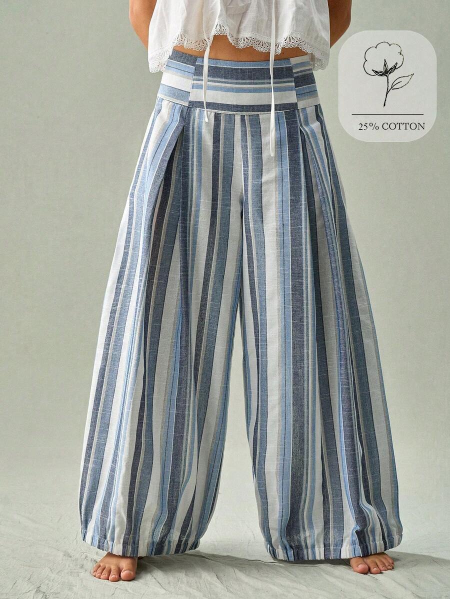SoleilVie Pantalones de pierna ancha de algodón y lino con pliegues, cintura alta, estilo bohemio a rayas verticales azules y blancas, diseño de cintura elástica, sueltos y estilizadores, adecuados para ir a trabajar, uso diario, vacaciones - Azul y blanco - Ver 1