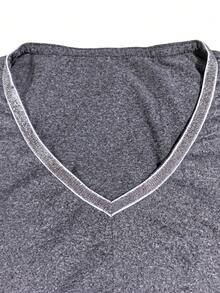 SHEIN Regular Fit V-Neck Short Sleeve Top + Straight Leg Pants With Side Pockets - Grey - View 6