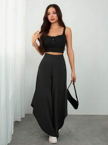 SHEIN PETITE Quần dài nữ dáng rộng bất đối xứng, thích hợp cho mùa xuân/hè, lễ tốt nghiệp và mùa thu. - màu đen - Xem 4