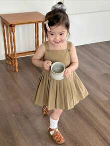 Dazy Kids 女嬰休閒無袖可愛中長洋裝，夏季幼兒穿著 - 卡其色 - 查看 6