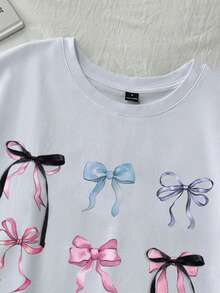 SHEIN Essnce 女款休閒寬鬆圓領大版短袖T恤，適合夏季，蝴蝶結圖案，女款休閒 - 白色 - 查看 6