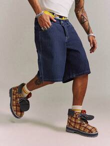 CRAVYNX Men's Casual Streetwear Multi-Pocket Striped Blue Denim Cargo Shorts - Dark Wash - View 4