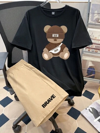 Torvinic Casual Fashion Cute Bear Print Black & Khaki Short Sleeve Shorts Set