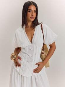 SHEIN BAE Women's Summer Vacation Solid Color Hollow Embroidery V-Neck Waist Shirt,Summer Top Tea Party White Elegant - White - View 4