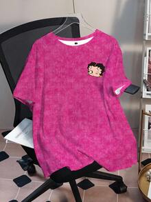 Betty Boop x SHEIN 大尺碼女款圓領卡通字母印花休閒 90s 2000s 百搭日常短袖T恤 早午餐約會之夜 嬰兒粉 夏季 - 白色 - 查看 2
