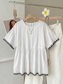 SHEIN EZwear Áo babydoll nữ màu trắng dệt từ cotton lanh, chất liệu 100% cotton, kiểu dáng thường ngày, thích hợp cho trang phục mùa hè của nữ. - Nhiều màu - Xem 3