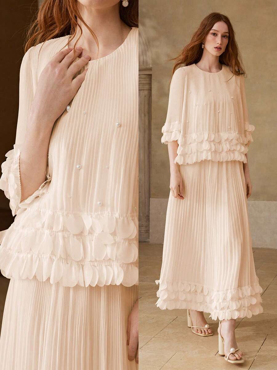 MOTF PREMIUM WOMEN'S ROMANTIC DATE LONG SLEEVE LACE TRIM APRICOT ROUND NECK BLOUSE, SPRING/SUMMER - Pink - View 1
