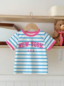 SHEIN 年轻女孩休闲简约蓝条纹“NEW YORK”英文文字撞色粉色返校学院风圆领短袖T恤适合女孩夏季校服返校服 - 彩色 - 查看 2