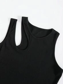 Glimmora Solid Cut Out Shoulder Ribbed Knit Tank Top For Summer - Black - View 4