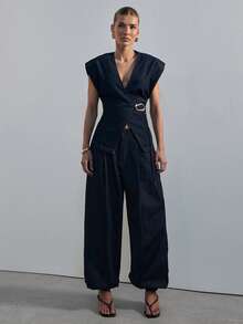 Hauture Pantalón de mezclilla con pierna globo y puño con botones para mujer, uso moderno y sexy para la oficina - Azul lavado oscuro - Ver 4