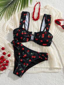 Swim Mod Conjunto de bikini de verano para mujer con estampado de cerezas rojas sobre fondo negro, con tirantes anchos, cuello en U, cintura alta y efecto estilizante para playa y vacaciones - Multicolor - Ver 3