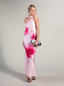 Rouah Effortless Elegance Sexy Stunning Pink Floral Satin Maxi Dress. Featuring A Unique High Neckline, Asymmetric One-Shoulder Design, And A Cowl Back - Multicolor - View 6