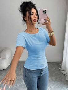 SHEIN Elenzya 女士优雅束腰露背设计T恤，夏季新品 - 淺藍色 - 查看 1