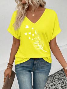 EMERY ROSE Damen V-Ausschnitt Kurzarm Manschetten Federn Muster Casual Vielseitiges T-Shirt, Frühling/Sommer - Gelb - Übersicht 5