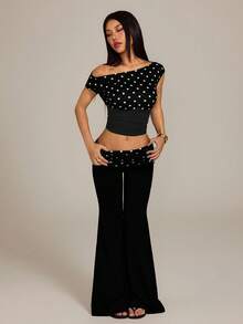 SHEIN PETITE Blusa corta y ajustada con cuello asimétrico y estampado de lunares retro elegante para mujer, de verano - Negro - Ver 9