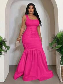Slaydiva Vestido nuevo elegante y grácil para fiesta, cita, boda, graduación, noche, cumpleaños, reunión familiar, salida con amigos, baile, evento - Blanco sin mangas de cuello bajo con pliegues en el bajo, silueta de cola de sirena acampanada, talla grande - Rosa Fucsia - Ver 3