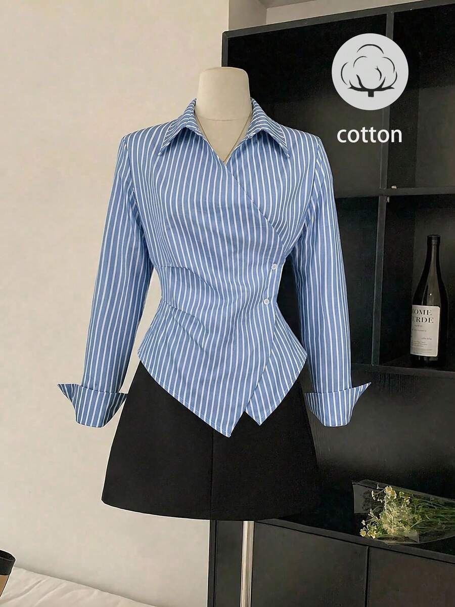 SHEIN Franclia Áo kiểu dáng ôm sát, cổ chữ V, eo chéo, sọc dọc xanh trắng, tay dài, phong cách thường ngày. - Màu xanh lam - Xem 1