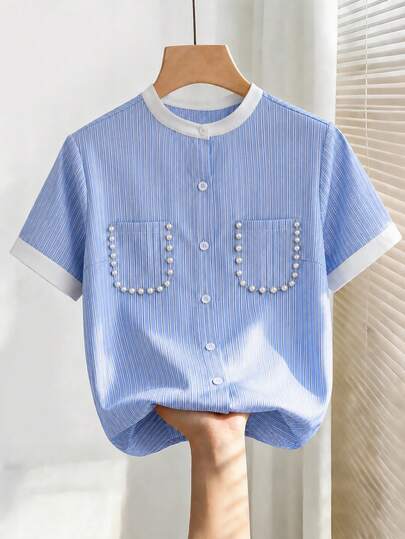 SHEIN Casual Striped Contrast Color Pearl Decor Pocket Short Sleeve Shirt, Women's Formal Blouse, Summer Top, Vacation, Back To School & Graduation Season, Basic Wear