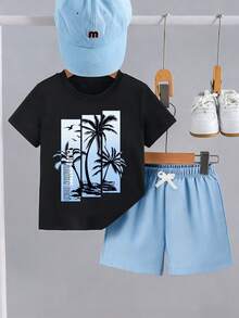SHEIN Setelan Kaos Lengan Pendek dan Celana Pendek Motif Pohon Palem Tropis dan Huruf untuk Anak Laki-Laki, Pakaian Kasual untuk Liburan & Sehari-hari - Biru - View 5