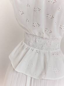 SHEIN BAE Women's Summer Vacation Solid Color Hollow Embroidery V-Neck Waist Shirt,Summer Top Tea Party White Elegant - White - View 6