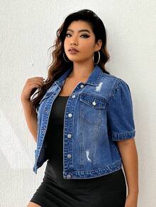 Firerie Plus Size Women Distressed Single-Breasted Short Sleeve Denim Jacket - Dark Wash - View 1