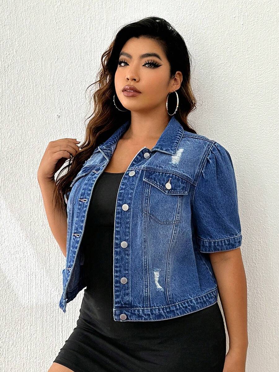 Firerie Plus Size Women Distressed Single-Breasted Short Sleeve Denim Jacket - Dark Wash - View 1