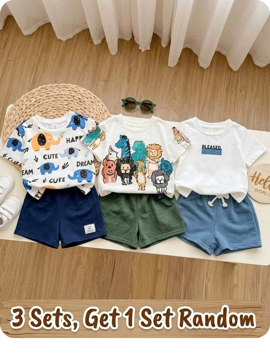 Set Kaos Lengan Pendek dan Celana Pendek Pinggang Elastis Motif Kartun Kasual Lucu untuk Bayi Laki-laki, Musim Panas (3 Set, Dapatkan 1 Set Acak) - Biru - View 1