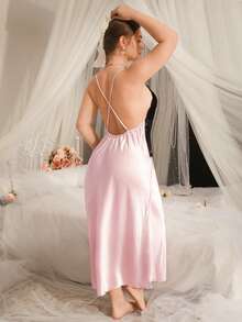 1 chiếc váy maxi ren cỡ lớn cho nữ, váy ngủ satin màu hồng thanh lịch, có thể mặc áo khoác ngoài mọi mùa - Hồng - Xem 2
