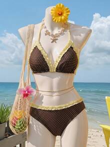 SHEIN Bộ bikini buộc dây cổ, họa tiết chấm bi, viền bèo nhún, thích hợp cho kỳ nghỉ hè trên bãi biển dành cho thiếu nữ. - Nhiều màu - Xem 11