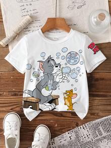 TOM & JERRY X SHEIN 男童休闲时尚街头日常通勤趣味卡通字母印花短袖T恤，夏季 - 白色 - 查看 1