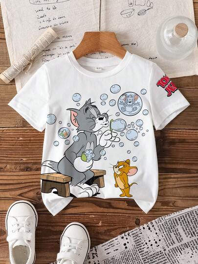 TOM & JERRY X SHEIN Áo thun ngắn tay in chữ hoạt hình ngộ nghĩnh, phong cách thường ngày, thời trang cho bé trai, thích hợp mặc đi làm hàng ngày, mùa hè.