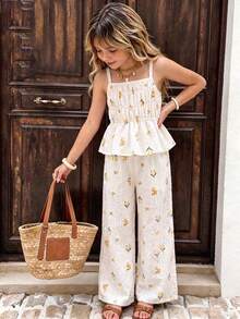 SHEIN Elladie kids Bộ 2 món dễ thương cho bé gái: áo hai dây và quần ống rộng, họa tiết hoa vàng, trang phục đi biển thường ngày. - Màu vàng - Xem 1