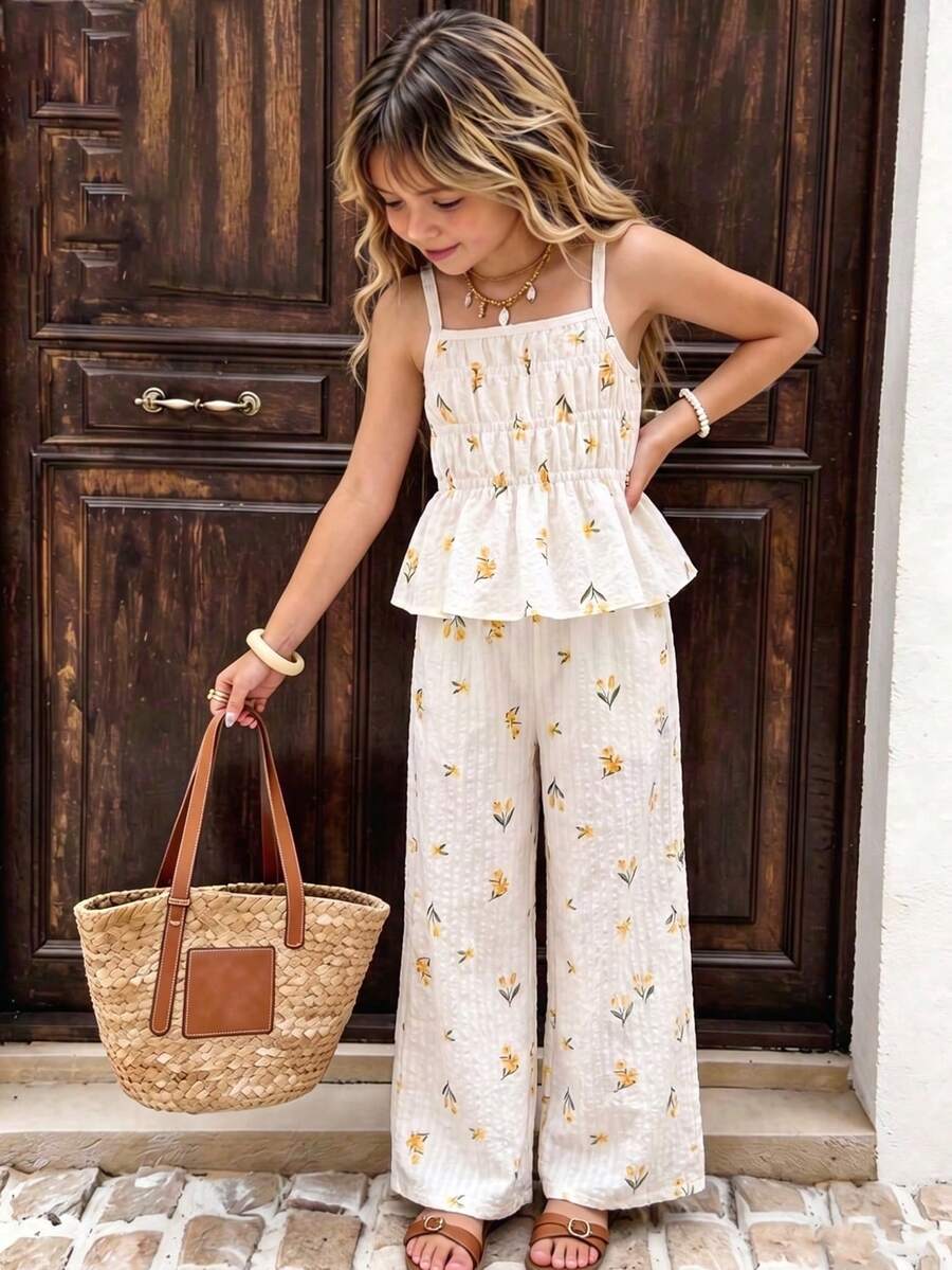 SHEIN Elladie kids Bộ 2 món dễ thương cho bé gái: áo hai dây và quần ống rộng, họa tiết hoa vàng, trang phục đi biển thường ngày. - Màu vàng - Xem 1