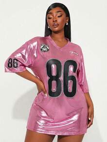 SHEIN SXY Áo thun oversized chấm bi bạc ánh kim của câu lạc bộ Jersey, thích hợp cho đội cổ vũ, trận đấu bóng, buổi hẹn hò, sinh nhật, tiệc độc thân, dễ thương, giản dị, mua sắm, thời trang đường phố, đi chơi, dễ phối đồ và tạo dáng thon gọn, tôn dáng. - Hồng - Xem 3