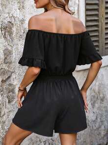 Swim Vcay Women's Summer Beach Solid Color Off Shoulder Ruffle Sleeve Drawstring Waist Casual Romper Jumpsuit - Black - View 2