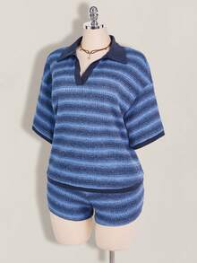 SHEIN ICON 大码女式条纹短袖T恤和短裤休闲套装 - 藍色 - 查看 7
